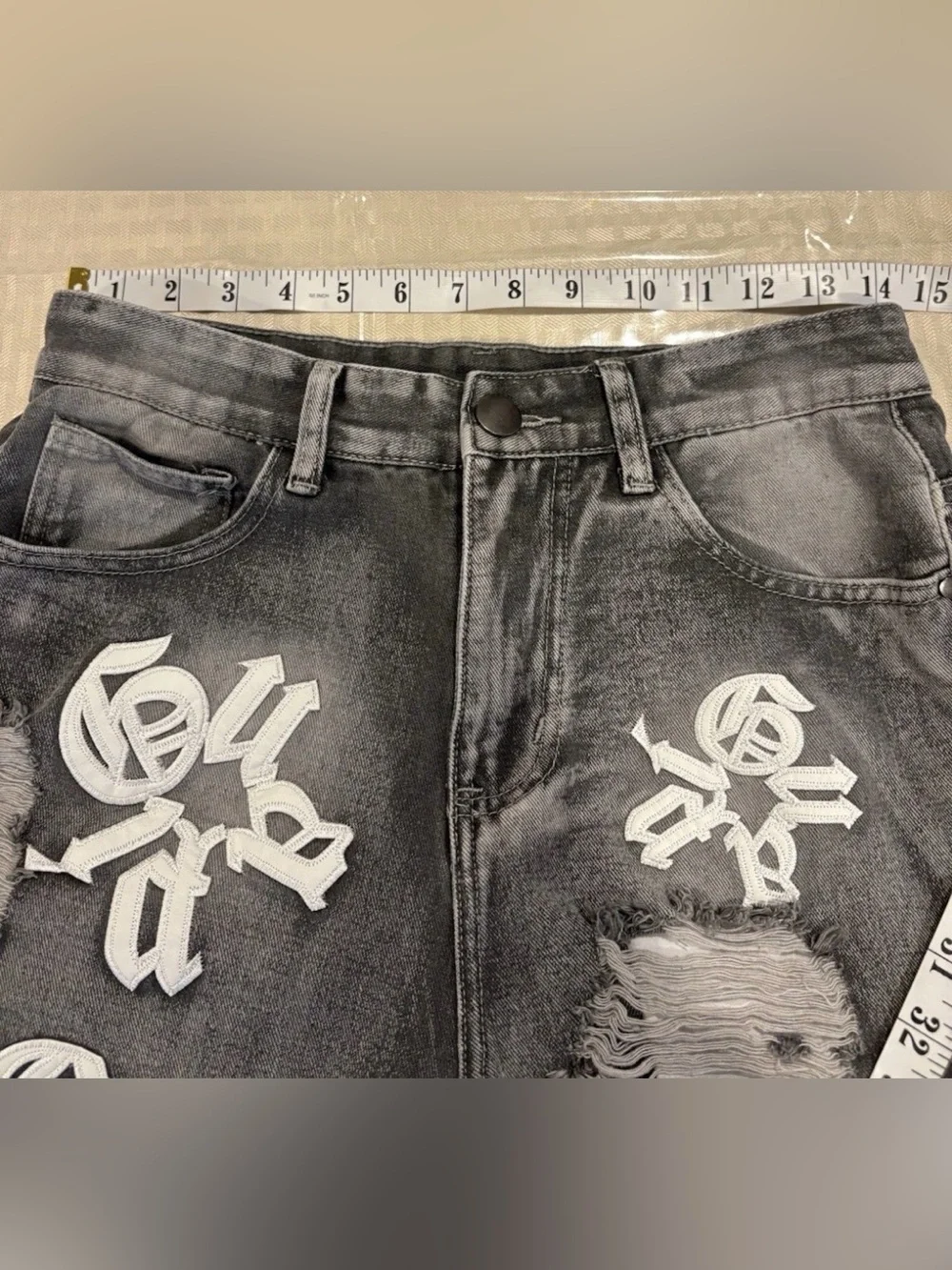 GUAPI Distressed Skinny Jeans Gray Denim Embroidered Logo Streetwear Men's 28 - Picture 8 of 11